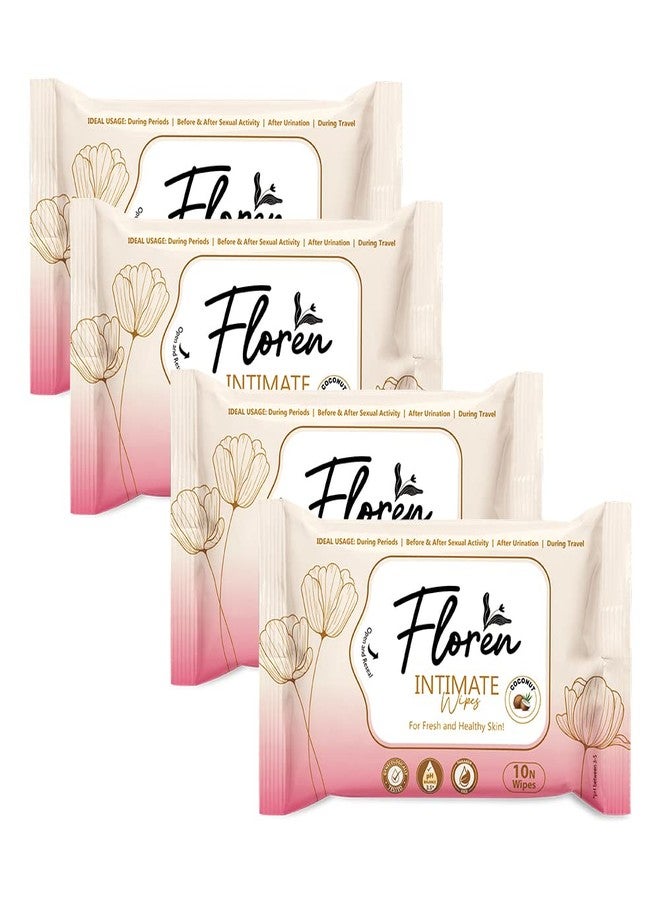 Floren Coconut Intimate Wipes Protects Against Odour, Dryness, Itchiness & Irritation, Balances pH, for Daily Use, Dermatologically Tested (10 Wipes) - Pack of 4 - Image 1